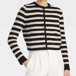 Women's Ribbed Cuff Button-Front Cardigan - A New Day Black Striped